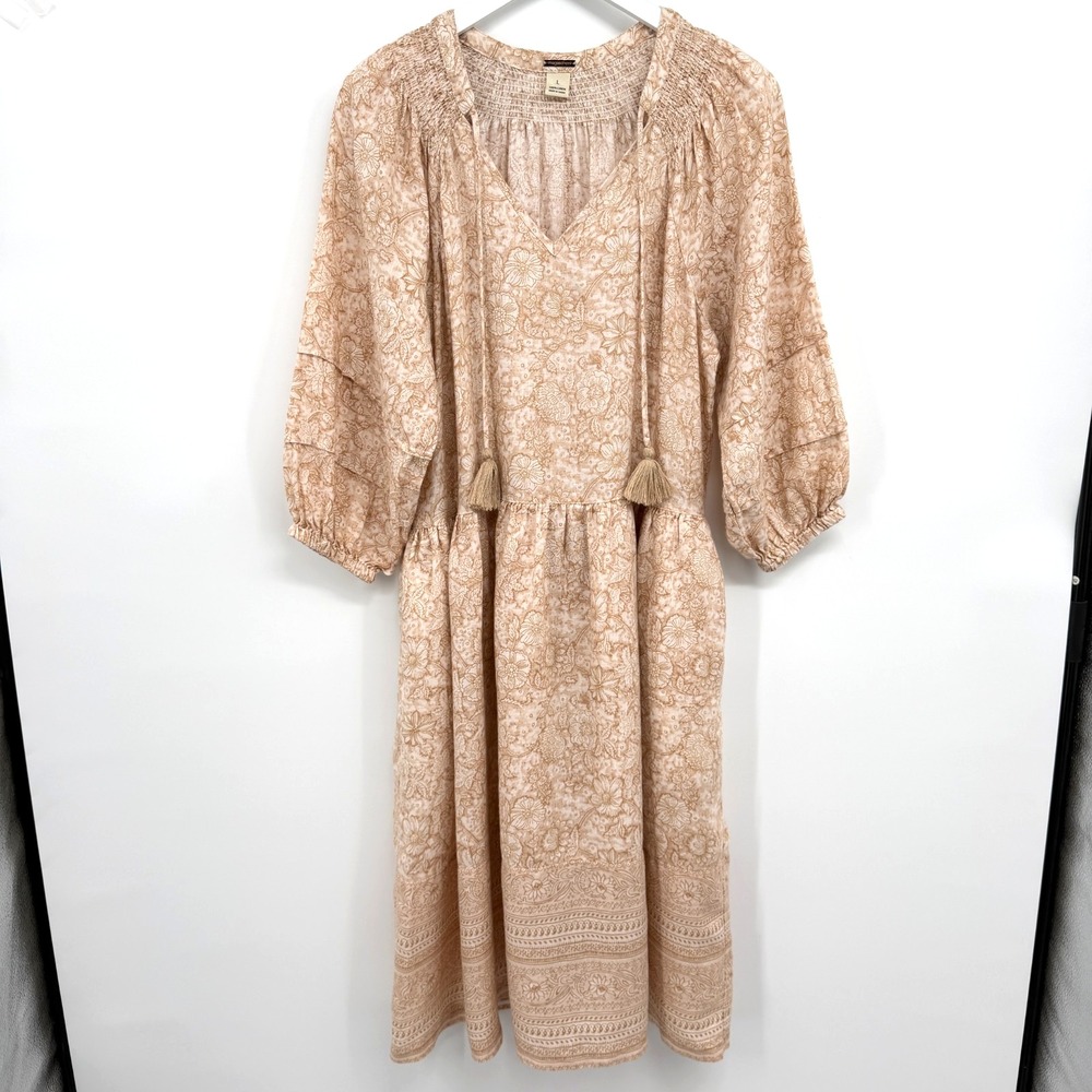 Magaschoni Midi Dress Large 100% Linen Neutral Cottagecore Prairie Boho Earthy